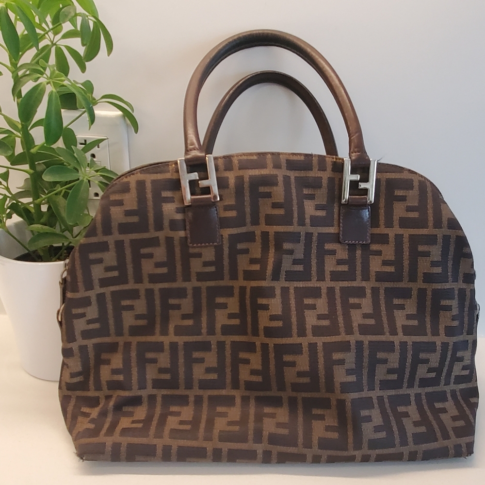 Fendi Zucca Brown Iconic Monogram Handbag Purse With Gold Tone Accents